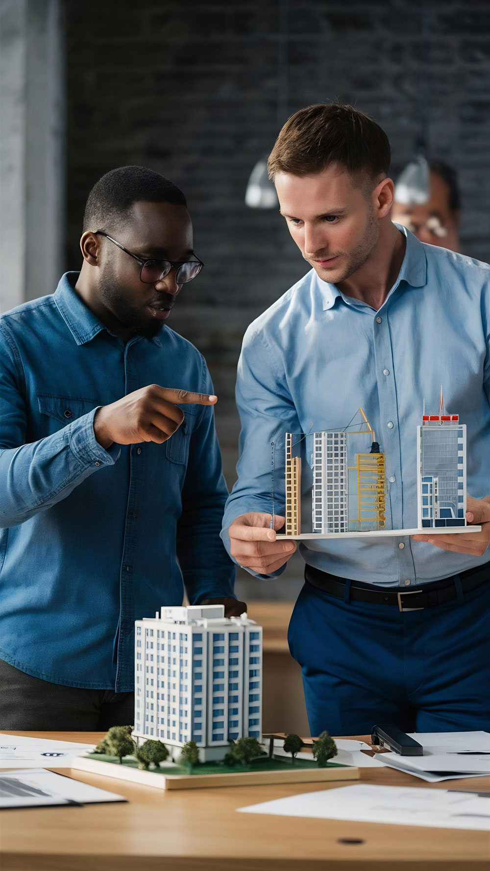 close-up-shot-caucasian-contractor-holding-real-estate-project-while-his-african-colleague-point
